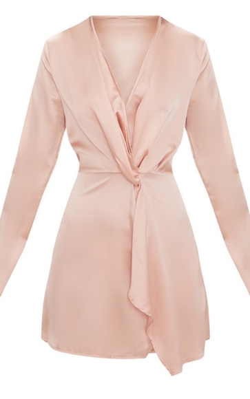 nude satin long sleeve wrap dress Long Sleeve Wrap Satin Mini Dress with Slit Back Detail